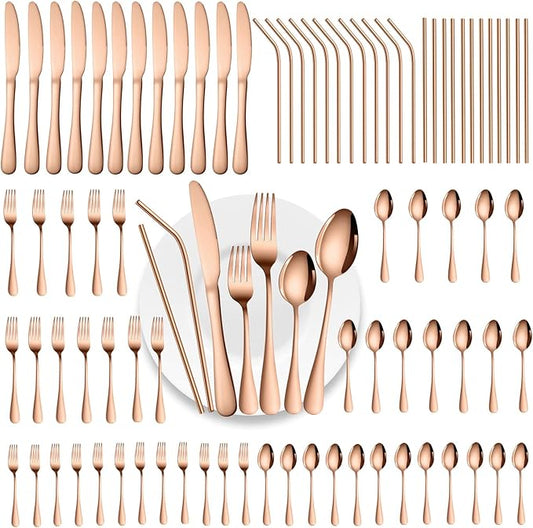 84 Pieces Mirror Rose Gold Silverware Service for 12 Flatware Set Stainless Steel Utensils Cutlery Set Dishwasher Safe