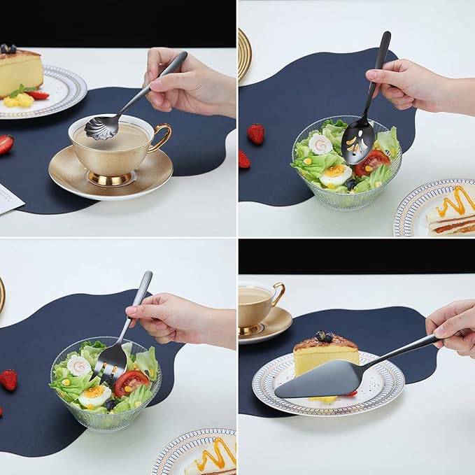 Black Stainless Steel Flatware Set 46 Piece, Cutlery & Utensil Set - Cake Server, Serving Spoon, Fork, Sugar Spoon, Butter Knife (Shiny Black)