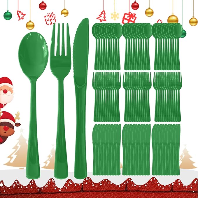 150 Pack Disposable Plastic Silverware, Heavy Duty Green Plastic Cutlery Set Includes 50 Forks 50 Knives 50 Spoons for Birthday Wedding Party Picnics (150, Green)