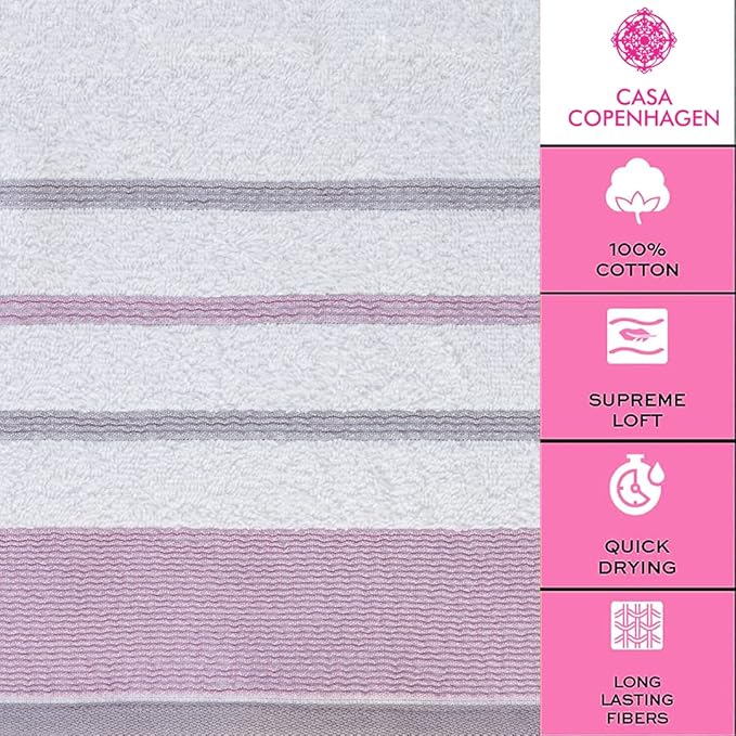 CASA COPENHAGEN White Bay, 6 Pieces Towel Set- White with Lavender and Grey Border, 600 GSM, 2Bath, 2Hands, 2Washcloths Egyptian Cotton Towel for Hotel Spa Kitchen Bathroom Kitchen & Shower