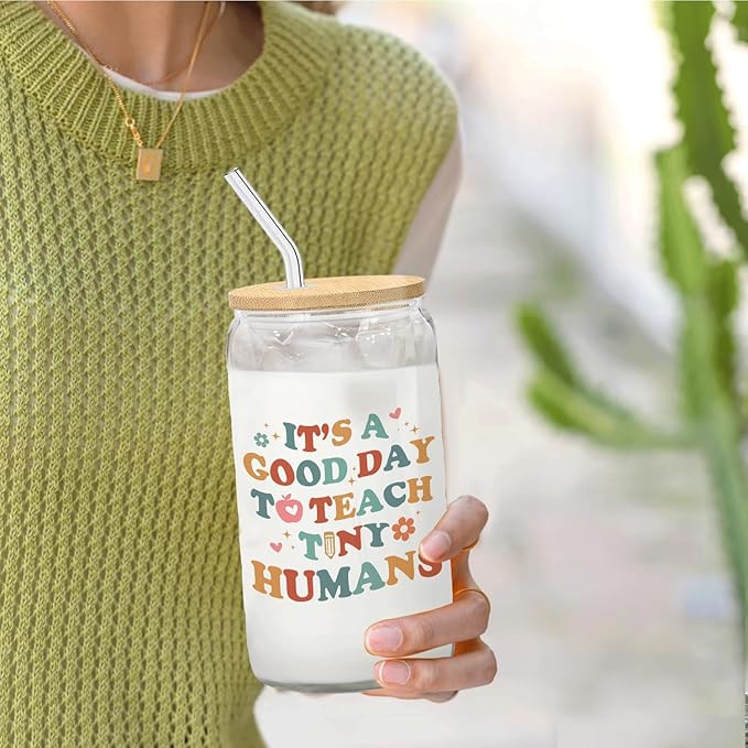 Teacher Glass Cup with Lids and Straws 14oz, Back to School Teacher Gifts, Kindergarten Teachers Appreciation Gifts Glass Iced Coffee Tumbler Drinking Jars with Cleaning Brush