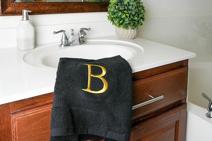 Black and Gold Bathroom Hand Towel - Monogrammed Luxury Hotel Quality Decorative Embroidered Towel for Powder Room, Spa - GOTS Organic Certified - Pack of 2, Letter B