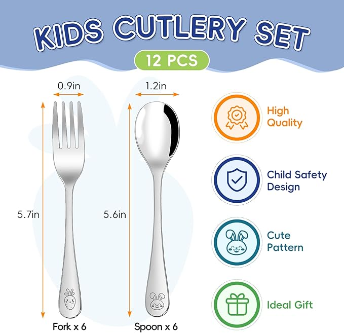 12 Pieces Stainless Steel Toddler Utensils Set - Food Grade Kids Silverware Set Children Safe Small Forks and Spoons Mirror Polished Sturdy and Durable Dishwasher Safe