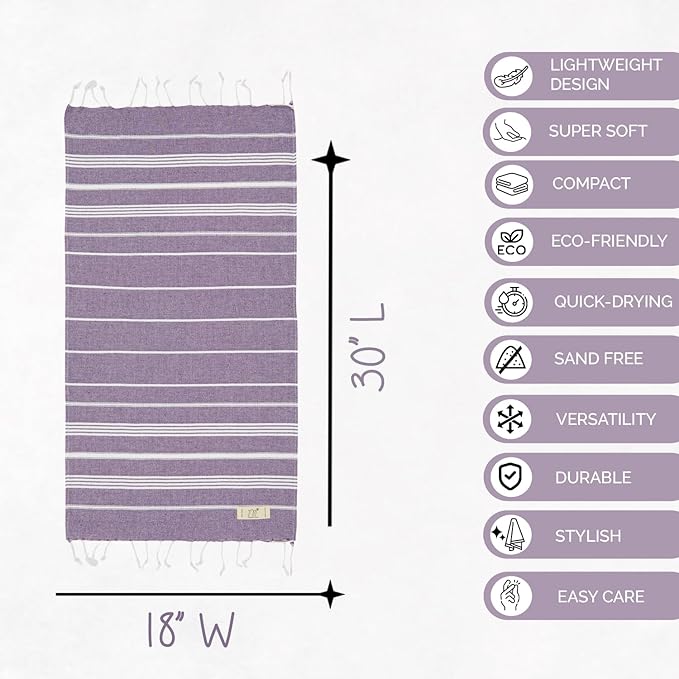 Hand Towels - Set of 2, 18" x 30" inches, Decorative Peshtemal Cotton Hand Towels for Kitchen, Bath, Guest, Face, Hair, Gym, Yoga, Dishcloth, Travel (Dark Lilac)