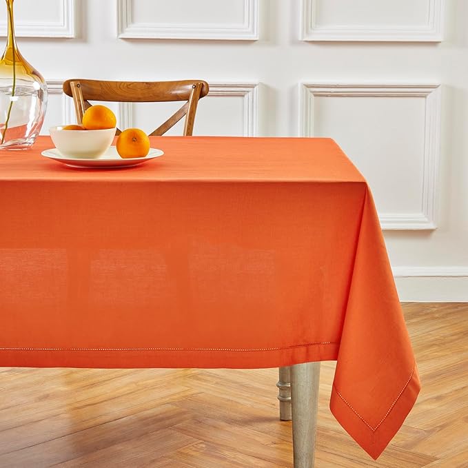 Solino Home Cotton Linen Tablecloth for Rectangle Tables 58 x 104 Inch - Hemstitch Burnt Orange Table Cloth - Machine Washable Cloth Tablecloth