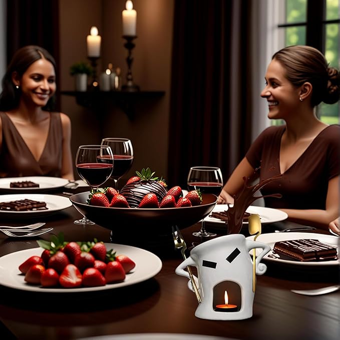 Chocolate Fondue Mug with Attitude - Ceramic Melting Cup for Chocolate Fondue Set, Mini Dessert Party with Fork & Shovel (Gold)