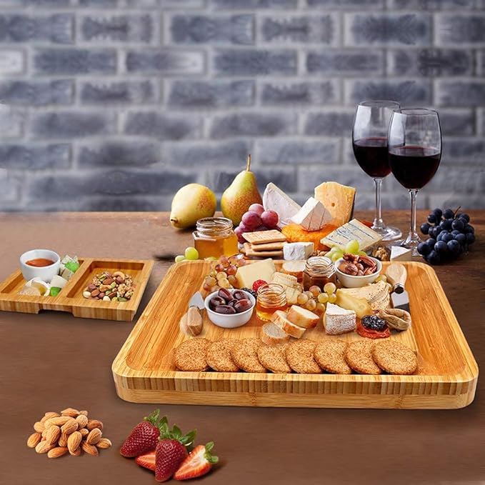 Bamboo Cheese Board with Cheese Tools, Cheese Plate Charcuterie Board Platter Set Serving Tray for Wine Cracker Brie and Meat, Large Thick Wooden Server, Fancy House Warming Gift for Gourmets