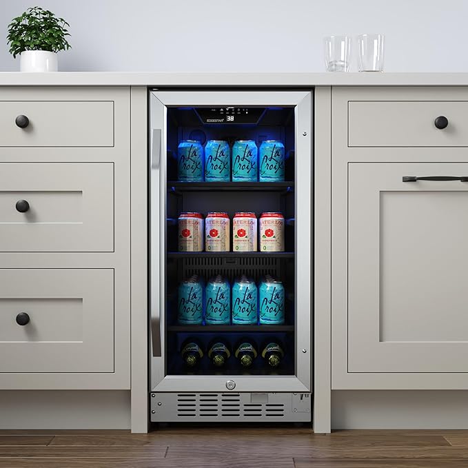 EdgeStar CBR902SG 15 Inch Wide 80 Can Built-In Beverage Cooler with Blue LED Lighting