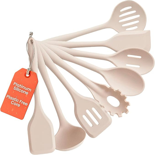 Non-Toxic Platinum Silicone Kitchen Utensil Set of 8 – Non-Scratch Cooking Spoons & Spatulas, 100% Plastic Free, Stainless Steel Core, Heat Resistant 500°F, Beige