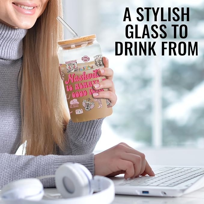 Nashville Gifts - Cute Pink Cups with Lids and Straws, 16 Oz Pink Tumbler for Women & Girls Birthday, Christmas, Bachelorette Party Favors