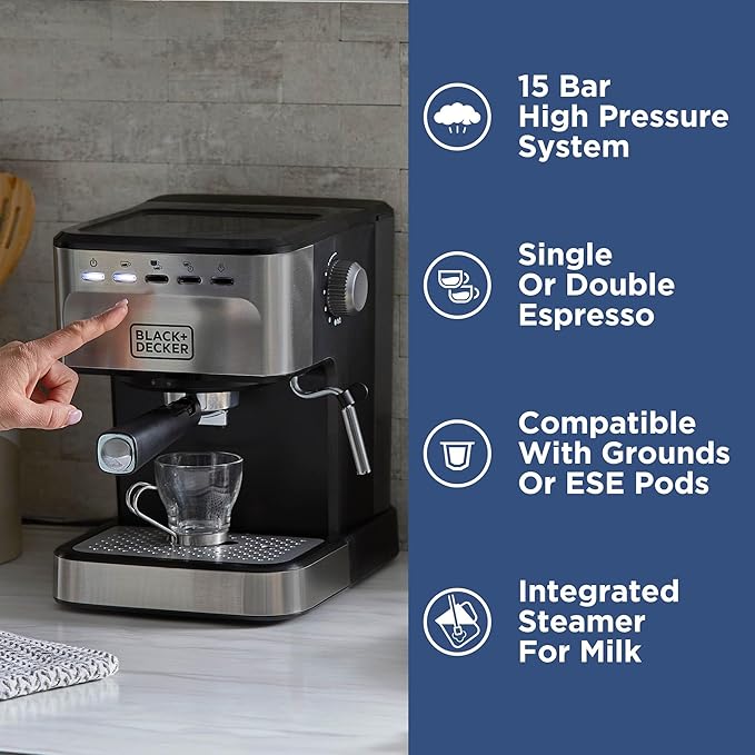 Black+Decker Semi-Automatic 15 Bar Espresso and Cappuccino Maker, Versatile Machine with Ability to use Grounds or ESE Pods to Make Your Perfect Cup of Coffee