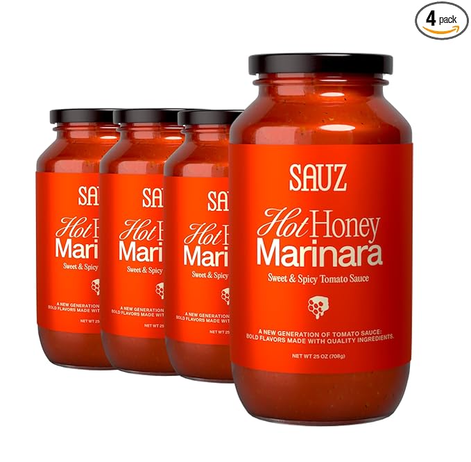 Sauz | Hot Honey Marinara Pasta Sauce, 25 Oz Jar (4-Pack), Sweet & Spicy Tomato Sauce, Gluten-Free, Non-GMO, Multi-Use, Clean Ingredients – Small Batch