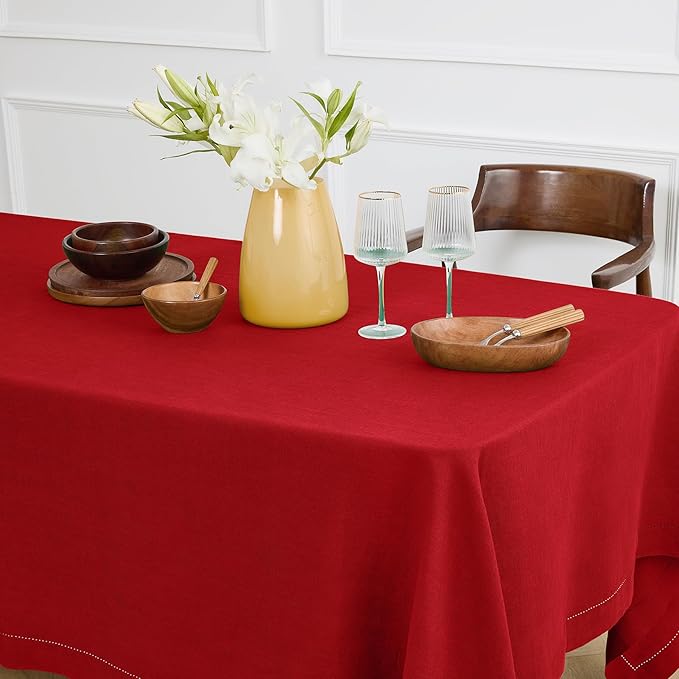 Solino Home Linen Red Tablecloth 70 x 144 Inch - Sonoma Hemstitch, 100% Pure Linen Rectangular Tablecloth - Machine Washable Table Cloth for Valentines, Holiday, Winter, New Year