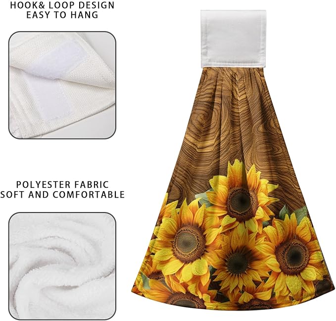 Summer Sunflowers Hanging Kitchen Towels Vintage Brown Yellow Flowers Hand Towel with Hanging Loop Tie Towels Soft Absorbent Dish Tea Towel Decorative for Bathroom Farmhouse Decor