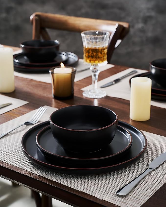 Famiware Mercury Dinnerware Sets with Pasta Bowls, Service for 4 (16 Pieces), Plates and Bowls Sets, Microwave and Dishwasher Safe Dishes Set, Matte Black