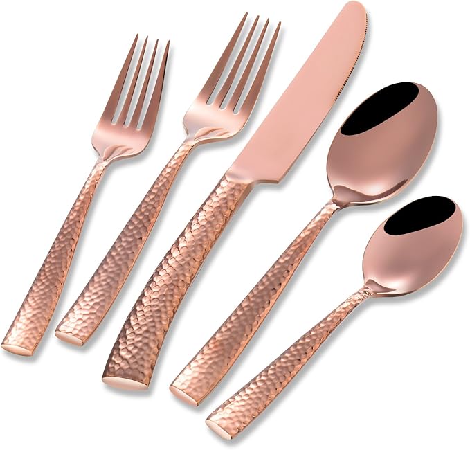 Silverware Rose Gold Hammered Heavy Flatware Set Cutlery Set Stainless Steel Mirror Finished Utensil 20 Pieces Spoons Forks and Knives Service for 4