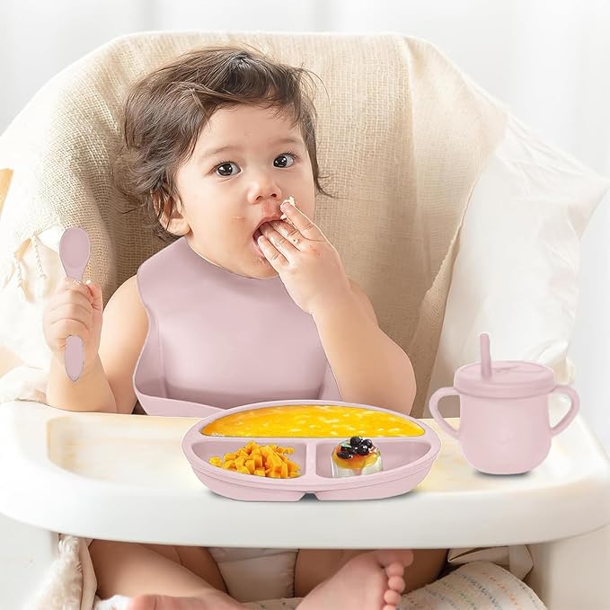 100% Silicone baby feeding set,BPA free Baby dishes set with Suction Bowl Divided Plate,Toddler Self Feeding Dish Set with Spoons Forks Sippy Cup And Bib, Baby Eating Utensils (Lilac)