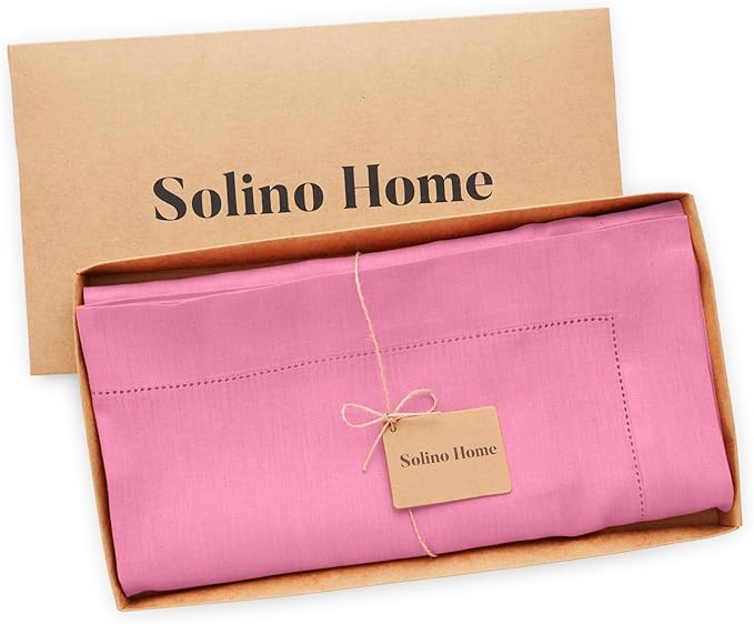 Solino Home Linen Flamingo Pink Tablecloth 60 x 144 Inch - Classic Hemstitch, 100% Pure Linen Rectangular Tablecloth - Machine Washable Table Cloth for Valentines