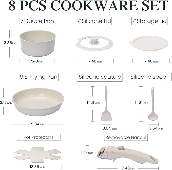 8 PCS Kitchen Cookware Set Pots and Pans Sets Non Stick, Induction Pan Set with Detachable Handle for RV Cookware,Oven Safe, PFOA Free