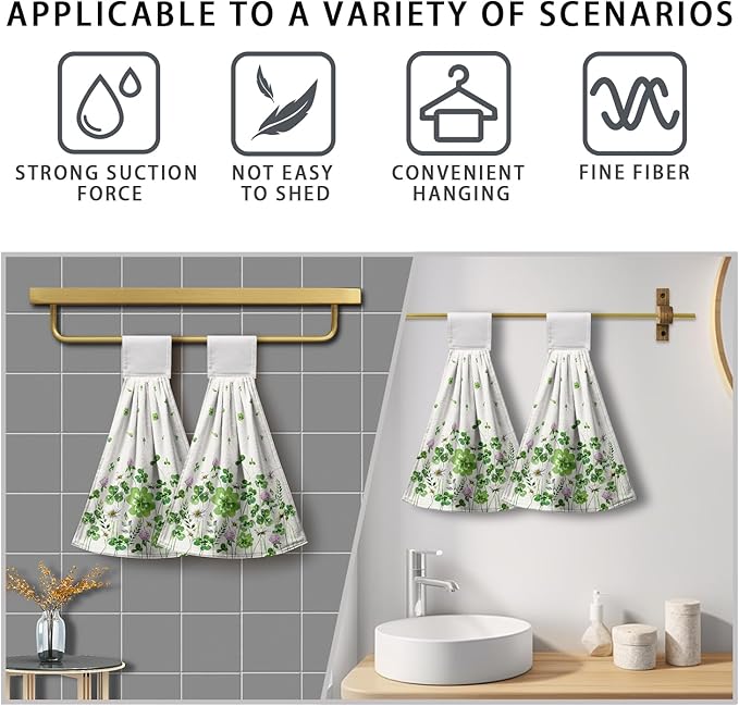 St Patricks Day Hanging Kitchen Towel Green Shamrocks Floral Hand Tie Towels Clover Saint Patrick's Day Hanging Dish Towels with Loop 12 x 17 inch Soft Spring Lucky Decor for Bathroom