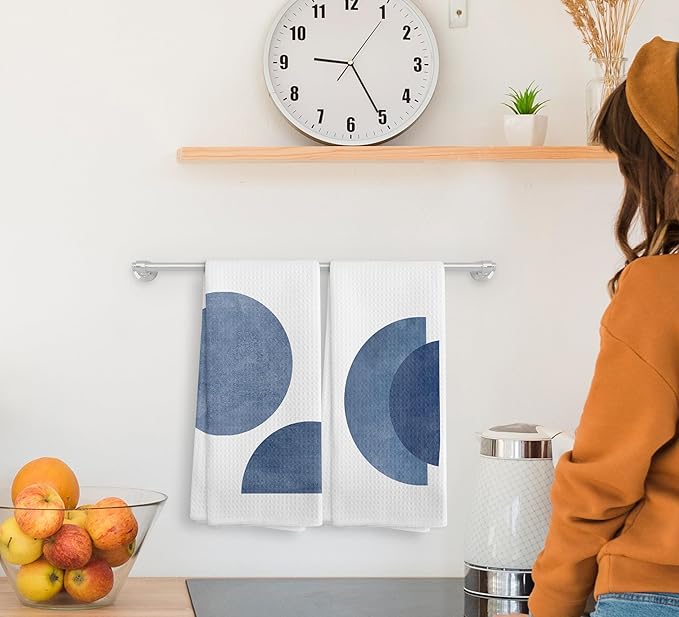 Bohemian Blue Circle Kitchen Towels and Dishcloths Set of 2, Abstract Flower Decorative Hand Towels, Blue Botanical Drying Cloth Towels for Bohemian Bathroom, 1624 Inches