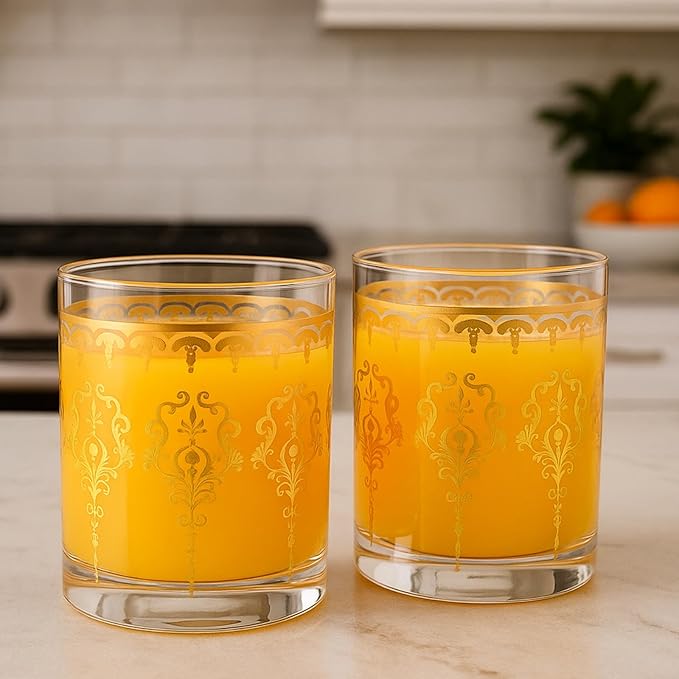 Khen Clear Moroccan Tumbler Glassware | Set of 2 | Gold Ornate Vintage Decorative Drinking Cups, Retro Bohemian Pattern Barware for Water, Whiskey, Cocktail, Iced Tea, Durable Embossed Home Drinkware