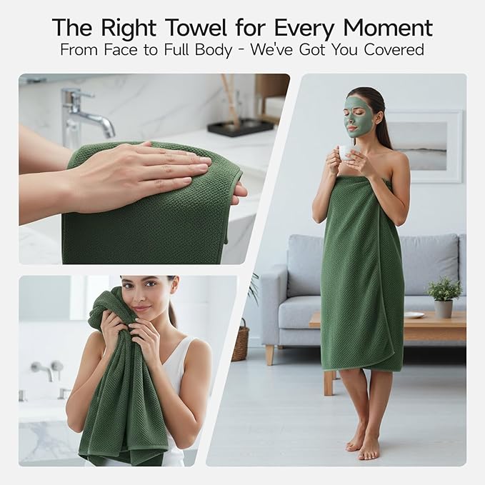 REDKISS Premium Towel Set of 8 - Ultra Soft Microfiber, Contains 2 Large Bath 35x70, 2 Hand 14x30, 4 Washcloths 14x14, Highly Absorbent, Quick Dry, Ideal for Everyday use, Hotel & Spa, Olive Green