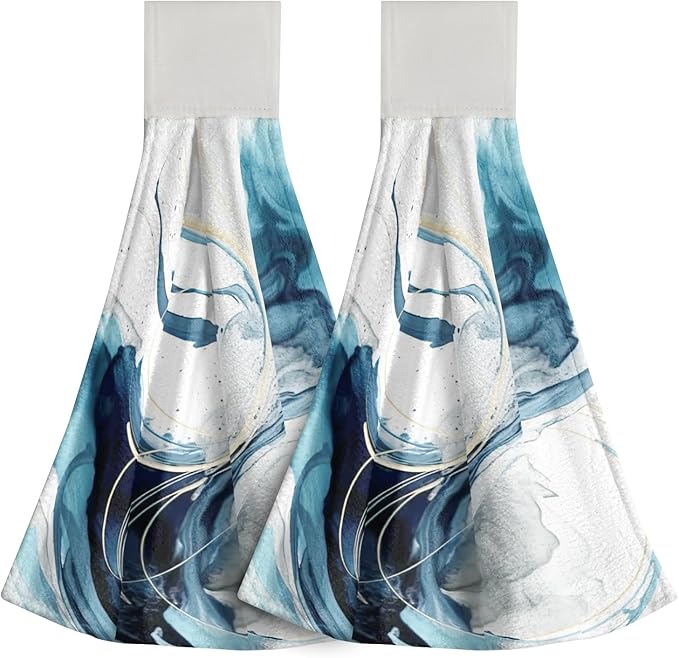 Giwawa Blue Abstract Kitchen Hand Towels 2 Pieces Canvas Art Dish Cloth Tie Towels with Hanging Loop Tea Bar Towels for Bathroom Tabletop Home