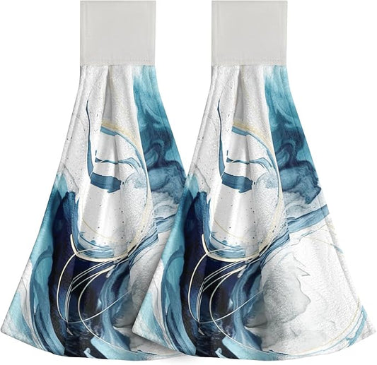 Giwawa Blue Abstract Kitchen Hand Towels 2 Pieces Canvas Art Dish Cloth Tie Towels with Hanging Loop Tea Bar Towels for Bathroom Tabletop Home