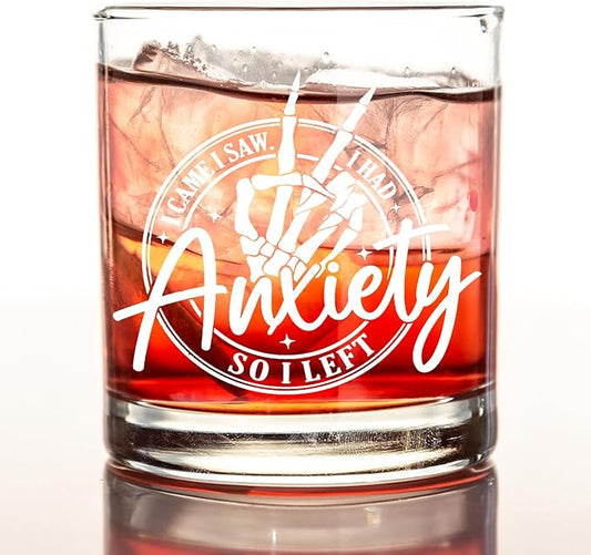 kunlisa Funny Anxiety Mental Health Whiskey Glasses, Anxiety Relief Gifts, Sarcastic Gothic Skeleton Psychology 10 oz Drinking Rocks Glasses for Women Men Whisky Cocktail Scotch Bourbon Liquor