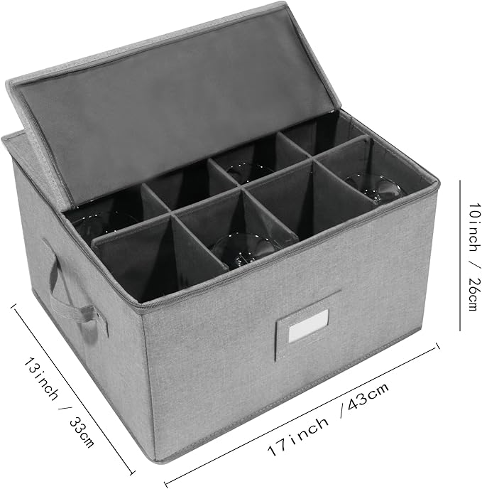popoly Stemware Storage Cases, Wine Glass Storage Box Containers with Dividers, Stackable China Storage Containers for 12 Wine Glasses, Drinkware, Glassware or Crystal (Light Grey)