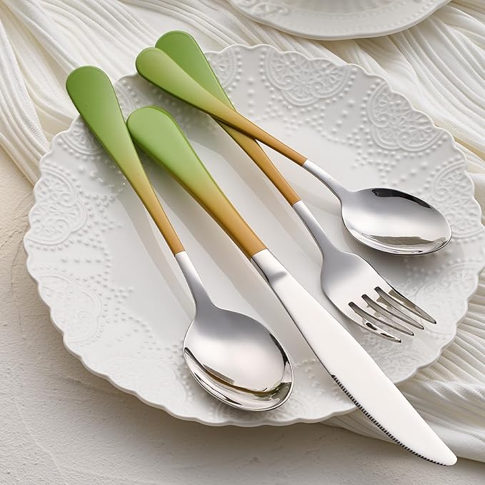 20-Pieces Color Silverware Sets for 4,Green and Orange Handle Stainless Steel Cutlery Set, Include Forks Spoons and Knives Set, Dishwasher Safe Utensil Sets for Home Restaurant