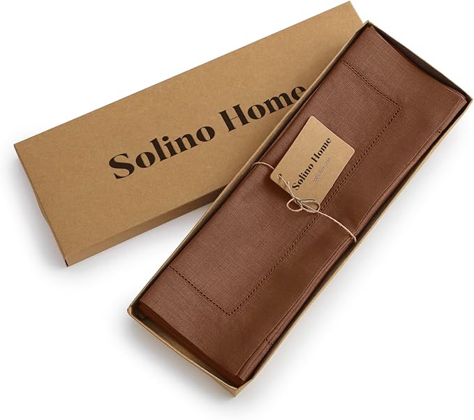 Solino Home Linen Placemats Set of 4 - Classic Hemstitch Brown Placemats 14 x 19 Inch - 100% Pure Linen Table Mats