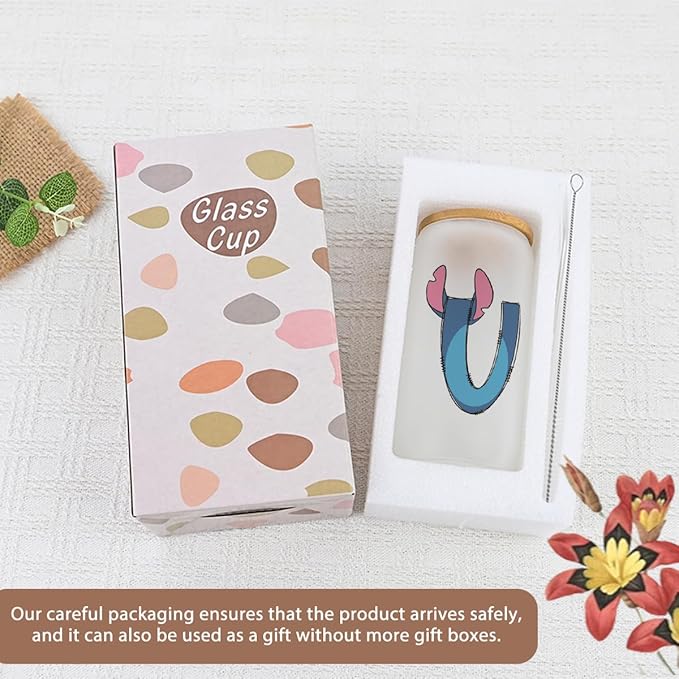 Cute Cartoon Lover Gifts Initial A-Z Personalized Iced Coffee Cup Cartoon Merch 16oz Glass Cup with Lid and Straws Birthday Christmas Gifts for Women Teen Girls Fans (Letter U)