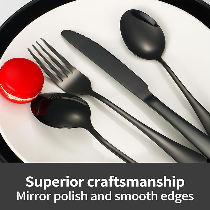 24-Piece Black Silverware Set with Steak Knives Black Stainless Steel Flatware Set for 4 Food Grade Tableware Cutlery Set Rust-proof, Mirror Polished, Dishwasher Safe