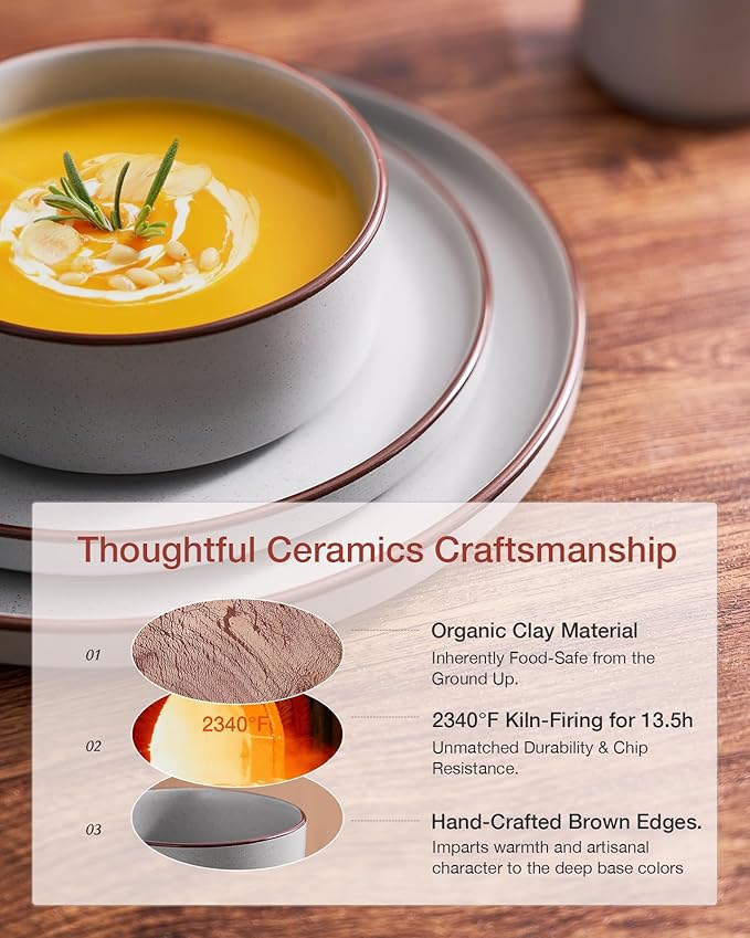 Famiware Nebula Ridge Stoneware Dinnerware Sets for 6, Plates and Bowls Sets, 18 Pieces Dishes Set, Microwave and Dishwasher Safe Kitchen Plates, Light Gray