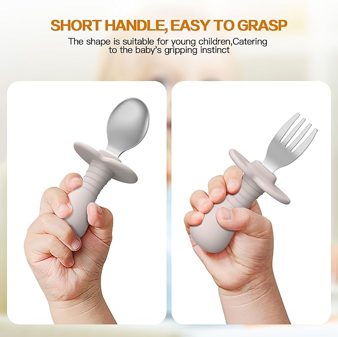 2 Pieces Toddler Utensils Forks and spoons set, Stainless Steel Childrens Silverware for Safe flatware Metal Kids Cutlery set with Round Handle, BPA Free, Anti-Choke Design (Grey)