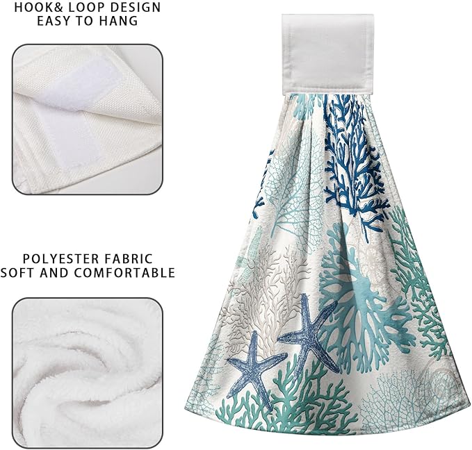 Summer Blue Coral Hanging Hand Towels Set of 2 Beach Ocean Kitchen Dish Towel Coastal Bathroom Towels Seashell Decorative Coral Tie Towels for Bathroom Kitchen Accessories 12x17 Inch