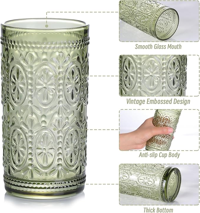 Green Drinking Glasses Set of 4, Vintage Drinking Glasses, Colored Glassware Drinking, Highball Beverage Glasses Cup, Vintage Glassware Set for Water, Juice, Cocktail, Coffee