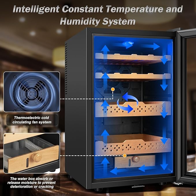Electric Humidor-70L Cooling & Heating Humidor, Smart Touch Control Humidity & Temp, Humidors wtih Spanish Cedar Wood Tray, Digital Display, Safety Lock, Desktop Gift for Men