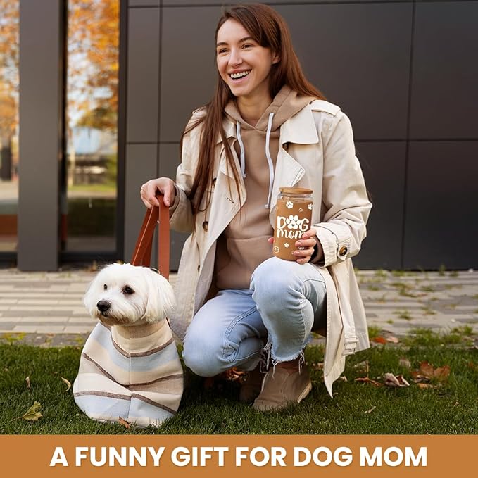 SANDJEST Dog Mom Cup 16 Oz Can Glass Coffee Mug with Bamboo Lid & Straw - Dog Lover Gifts for Women - Dog Mom Gift for Birthday Mothers Day
