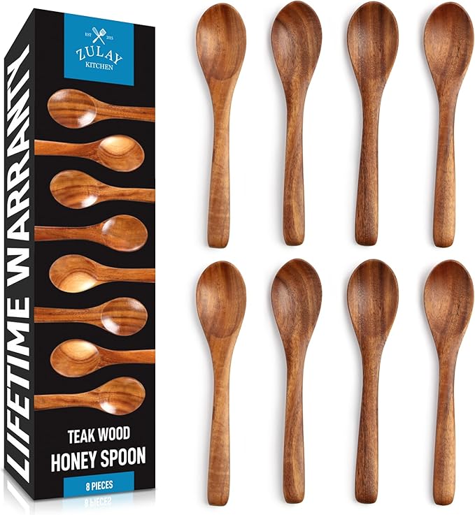 Zulay Kitchen Teak Wood Small Honey Spoons Set – 8 Piece Mini Wooden Honey Dippers, Handcrafted Natural Teak Wood, Durable, Smooth Finish & Food-Safe Design