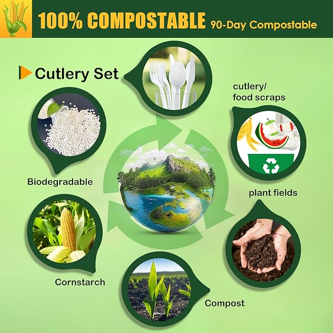 Gezond 100 Count 100% Compostable Cutlery Set 50 Forks and 50 Spoons, No Plastic Biodegradable PLA Disposable Forks and Spoons Eco-friendly Utensils Suitable for Party Picnic Office Everyday Use