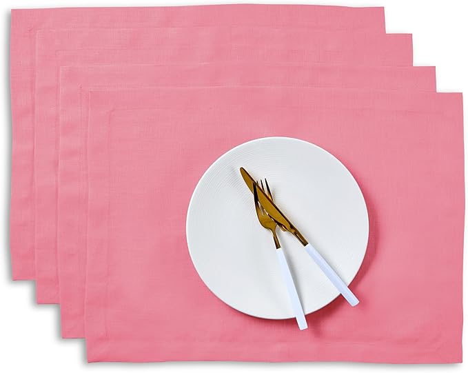 Solino Home Linen Cloth Placemats Set of 4 - 100% Pure Linen Pink Carnation Placemats 14 x 19 Inch for Valentines - Fete