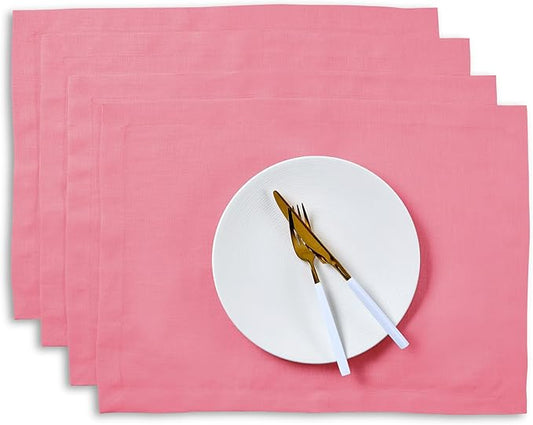 Solino Home Linen Cloth Placemats Set of 4 - 100% Pure Linen Pink Carnation Placemats 14 x 19 Inch for Valentines - Fete