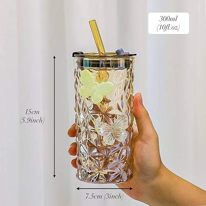 2 Pcs Glass Cups with Lids and Straws, 10oz Glass Tumblers, Butterfly Cups, Green Drinking Glasses, Amber Glassware