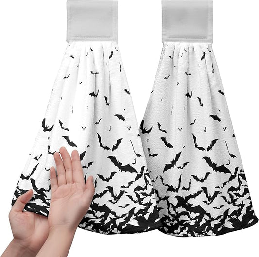 Halloween Hanging Kitchen Towels Spooky Bats Hand Tie Towel Scary Black Halloween Dish Tea Towels with Loop or Tabletop Bathroom Home Decorations