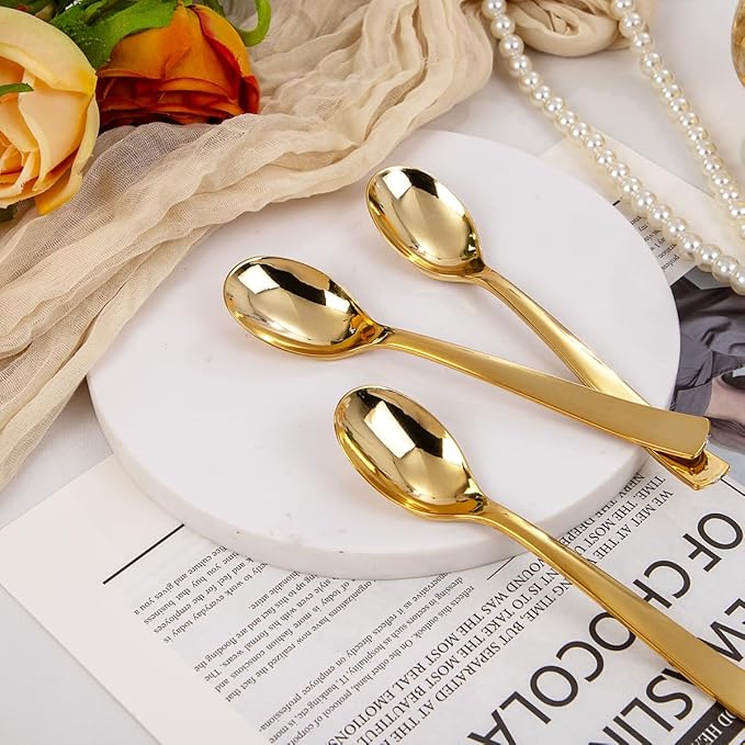 Liacere 360Pcs Plastic Spoons - 6.7 inch Heavy Duty Plastic Spoons-Heavyweight Gold Disposable Spoons-Gold Silverware for Halloween &Chrismas And Daily Using & New Year