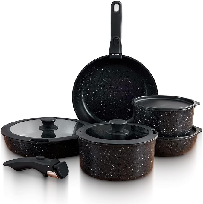 GOURMETIFIC® Pots and Pans Cookware Set [11 PIECES] - Non Toxic Ceramic Coated Cooking Ware - Induction, Gas & Oven Kitchenware - Non Stick Pot & Pan with Removable Handles & Stackable (Black)