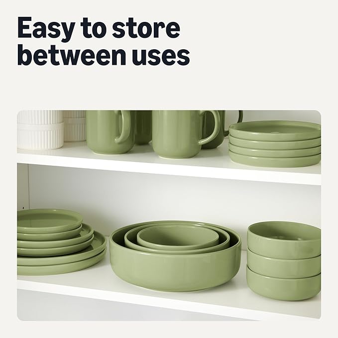 Amazon Basics Glazed Stoneware Dinner Plates, Ceramic 4-Piece Set, Microwave and Dishwasher-Safe, 10.5 in., Olive